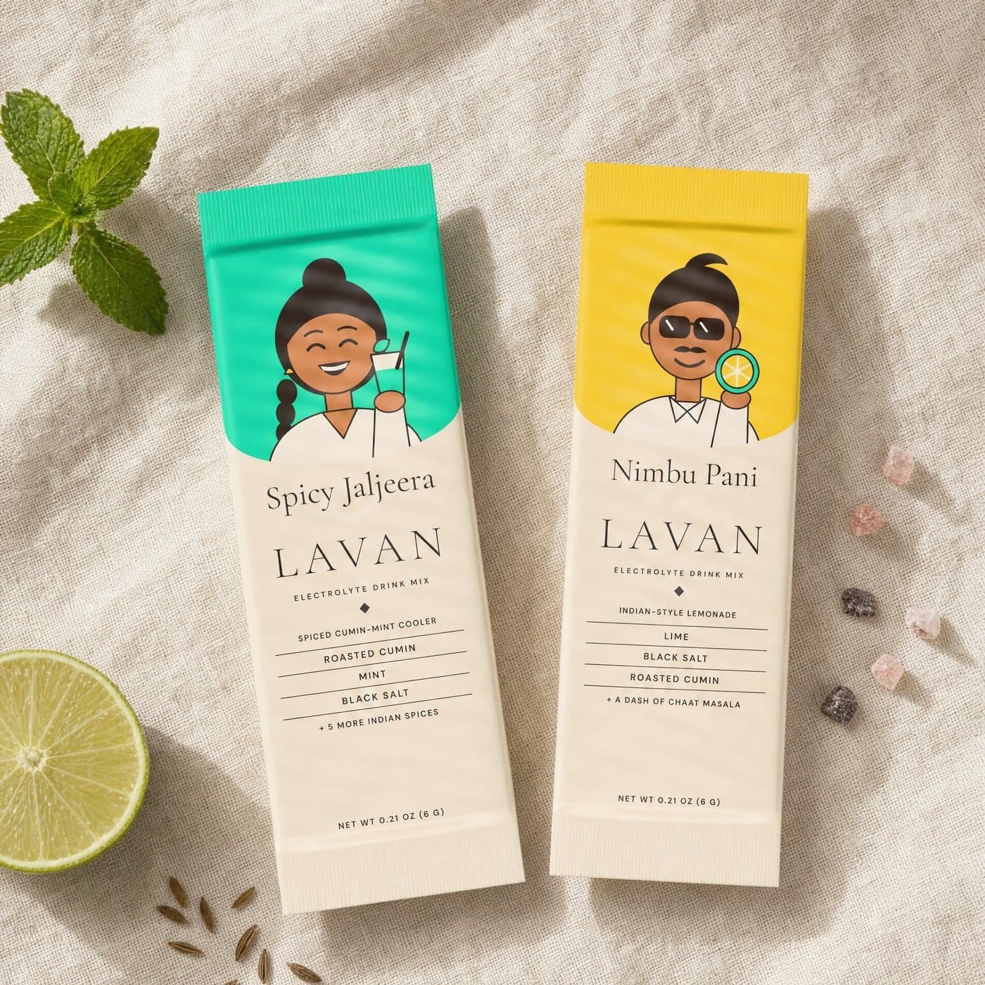 A Spicy Jaljeera stick and a Nimbu Pani stick on linen with lime, mint and cumin seeds